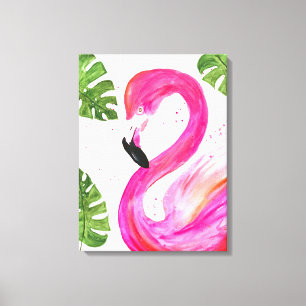 Tropical Flamingo Pink Palm Leaves Green Art Bird Canvas Print