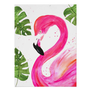 Tropical Flamingo Pink Palm Leaves Green Art Bird Poster