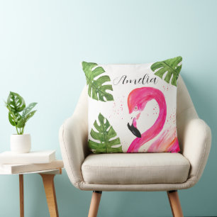 Tropical Flamingo Pink Palm Leaves Green Art Bird Throw Pillow