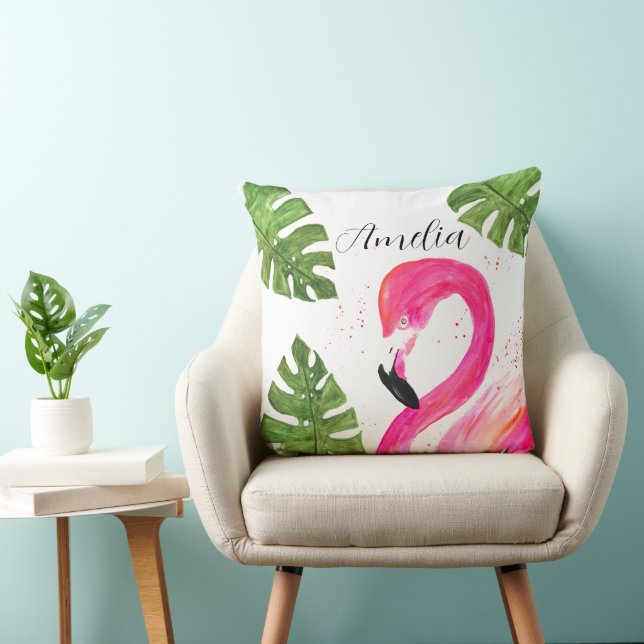 Tropical Flamingo Pink Palm Leaves Green Art Bird Throw Pillow (Chair)