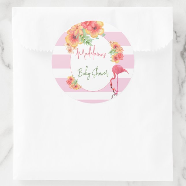 Tropical Flamingo Pink Stripe Baby Shower Classic Round Sticker (Bag)