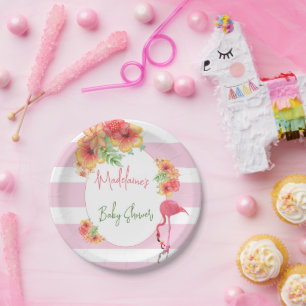 Tropical Flamingo Pink Stripe Baby Shower Paper Plate