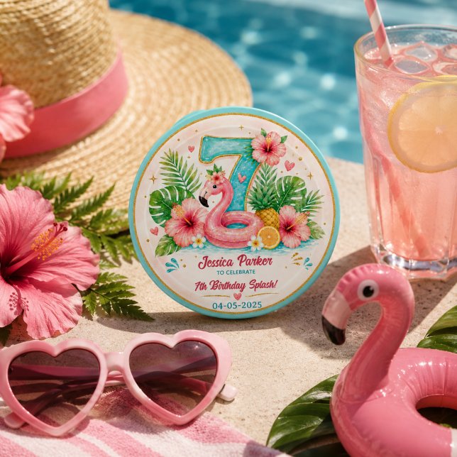 Tropical Flamingo Pool Party 7th Birthday Splash 1 Inch Round Button (Tropical Flamingo Pool Party 7th Birthday Splash Button
)
