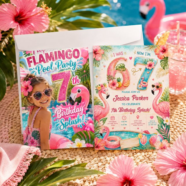 Tropical Flamingo Pool Party 7th Birthday Splash Invitation (Tropical Flamingo Pool Party 7th Birthday Splash Invitation
)