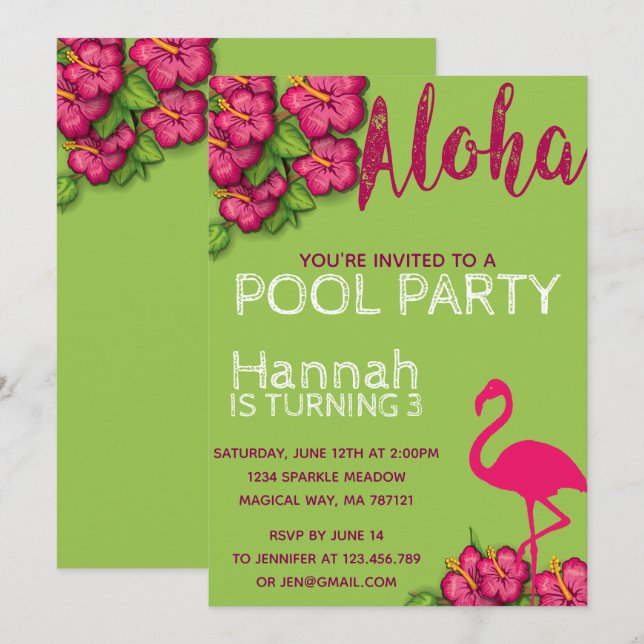 Tropical Flamingo Pool Party Birthday Invitation (Front/Back)