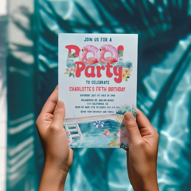 Tropical Flamingo Pool Party Birthday Invitation (Pool Party Flamingo tropical Pool Birthday Party, Summer Swimming Party Birthday Party Invitation)