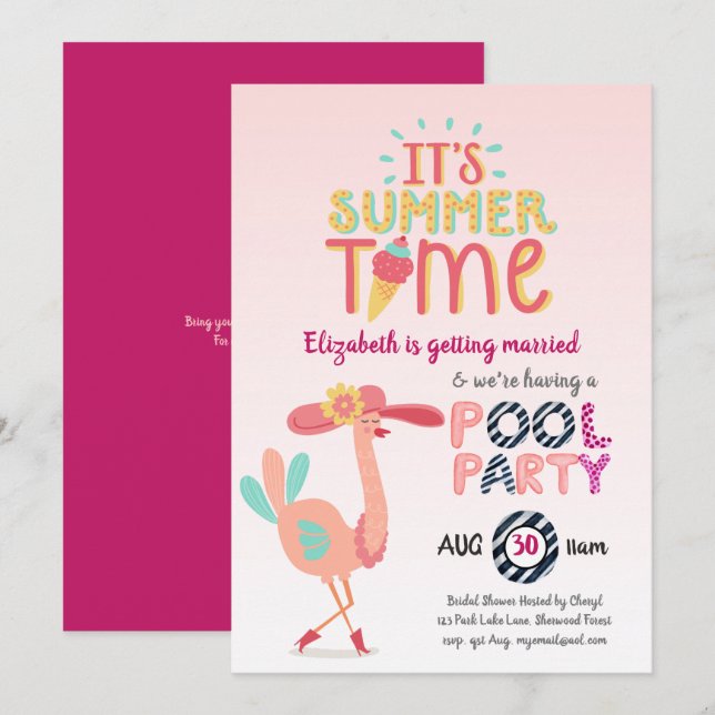 Tropical Flamingo POOL PARTY Modern Fun Pink Invitation (Front/Back)