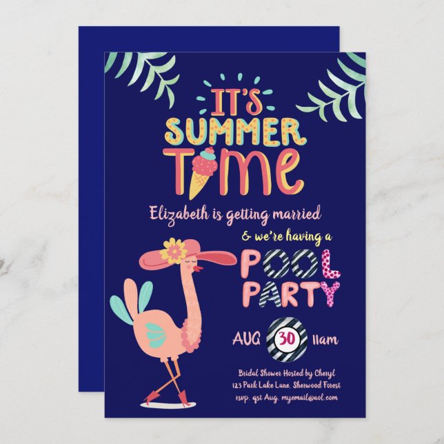 Tropical Flamingo POOL PARTY Modern Fun Pink Invitation (Front/Back)