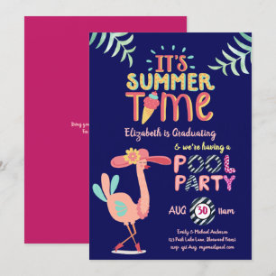 Tropical Flamingo POOL PARTY Pink Blue Girls Invitation