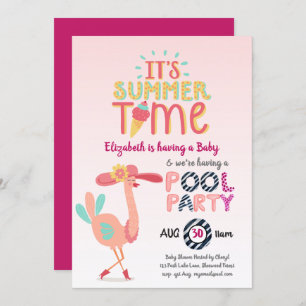 Tropical Flamingo POOL Party Pink Blue Quirky Fun Invitation