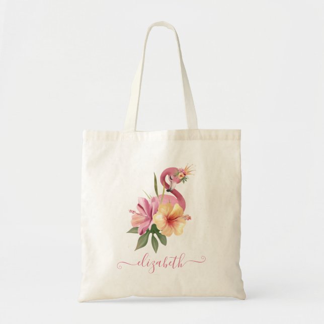 Tropical Flamingo Queen Name Tote Bag (Front)