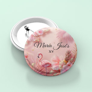 Tropical Flamingo Quinceañera, custom 1 Inch Round Button