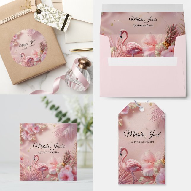 Tropical Flamingo Quinceañera, custom Classic Round Sticker (Creator Uploaded)