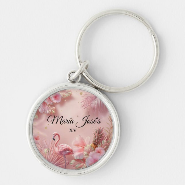 Tropical Flamingo Quinceañera, custom Keychain (Front)