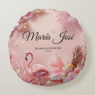Tropical Flamingo Quinceañera, custom Round Pillow