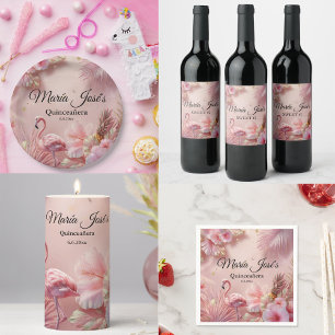 Tropical Flamingo Quinceañera, custom Wine Label
