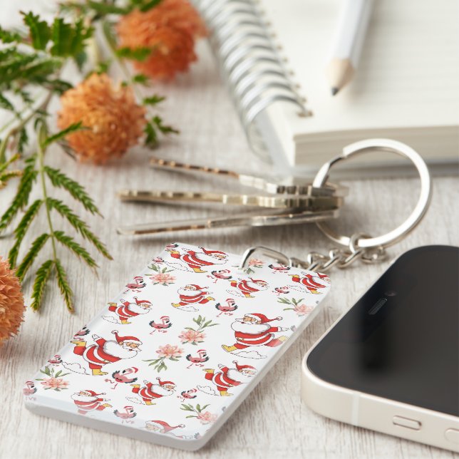 Tropical Flamingo Santa Christmas Pattern Keychain (Front Right)