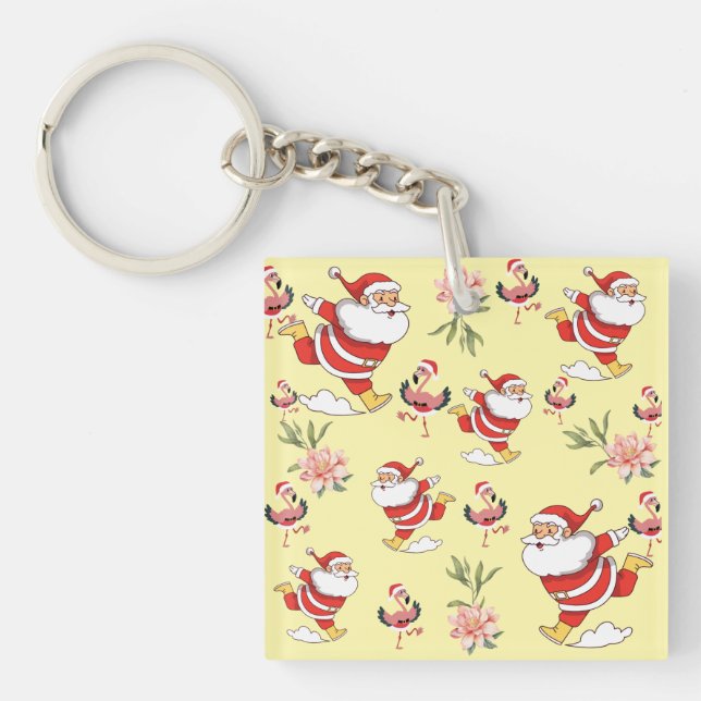 Tropical Flamingo Santa Christmas Pattern Napkins Keychain (Front)
