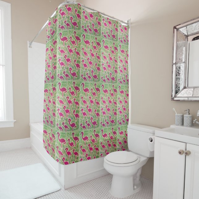 Tropical Flamingo Shower Curtain (In Situ)