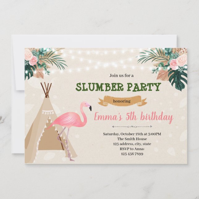 Tropical flamingo slumber party invitation (Front)