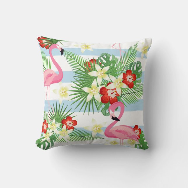Tropical Flamingo Stripes Pattern Throw Pillow (Front)