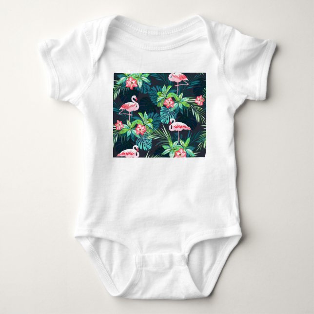 Tropical Flamingo: Summer Flowers Pattern Baby Bodysuit (Front)