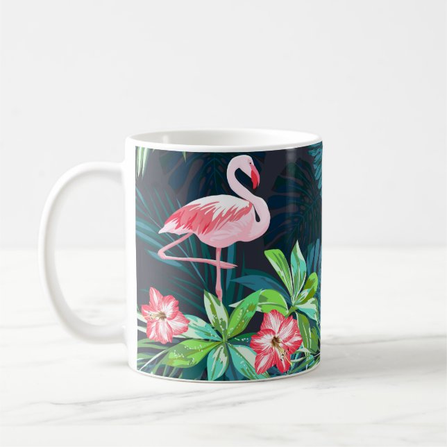 Tropical Flamingo: Summer Flowers Pattern Coffee Mug (Left)