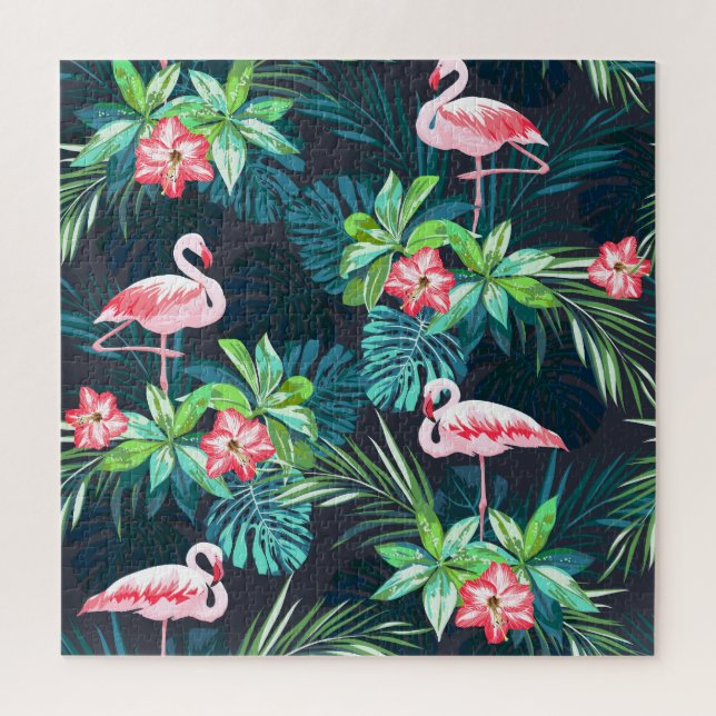 Tropical Flamingo: Summer Flowers Pattern Jigsaw Puzzle (Vertical)