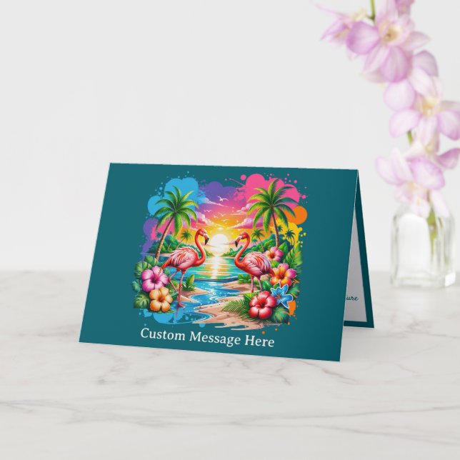 Tropical Flamingo Sunset Personalized Paradise  Card (Orchid)