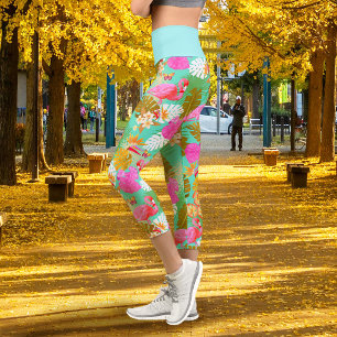 Tropical Flamingo Teal Capri Leggings