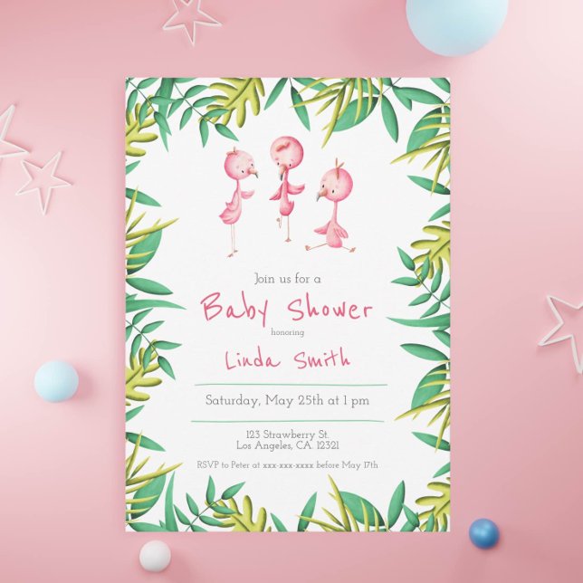 Tropical Flamingo Triplets Baby Shower Invitation (Creator Uploaded)
