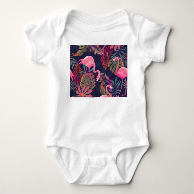 Tropical flamingo: vintage palm pattern. baby bodysuit (Front)