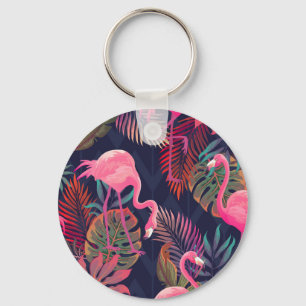 Tropical flamingo: vintage palm pattern. keychain