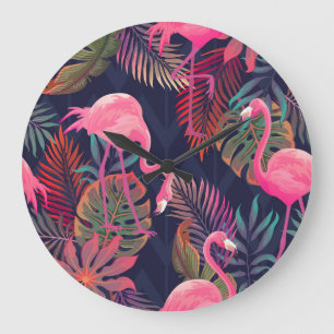 Tropical flamingo: vintage palm pattern. large clock