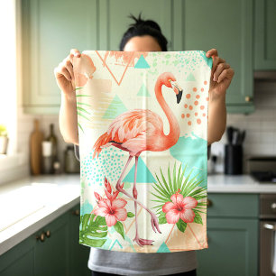 Tropical Flamingo Watercolor & Geometric Pattern Kitchen Towel