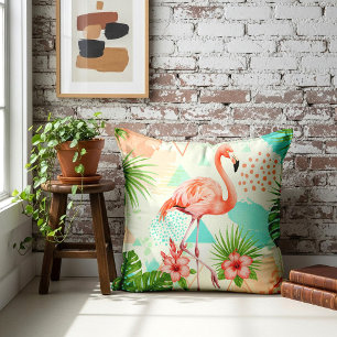 Tropical Flamingo Watercolor & Geometric Pattern Throw Pillow