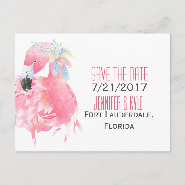 Tropical Flamingo Wedding Save The Date Postcard (Front)