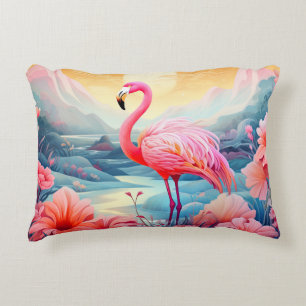 Tropical Flamingo with Flowers Accent Pillow