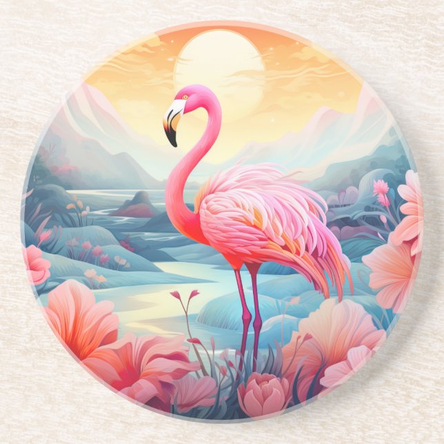 Tropical Flamingo with Flowers Coaster (Front)