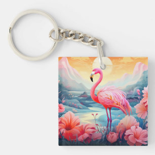 Tropical Flamingo with Flowers Keychain