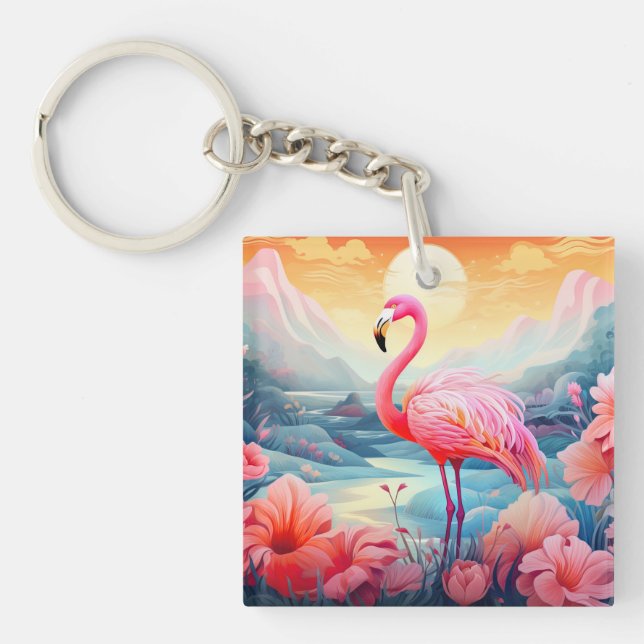 Tropical Flamingo with Flowers Keychain (Front)