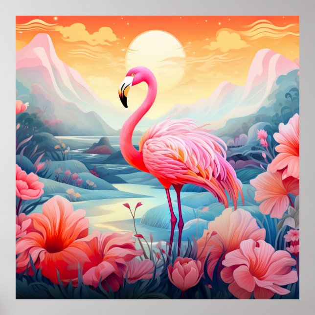 Tropical Flamingo with Flowers Poster (Front)