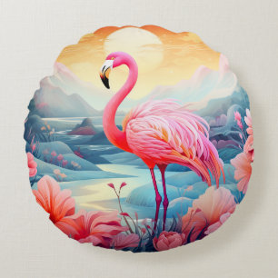 Tropical Flamingo with Flowers Round Pillow