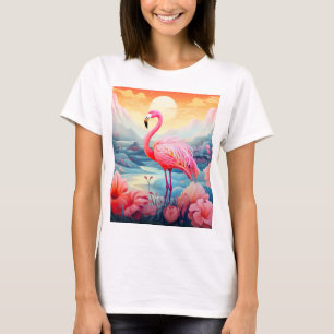 Tropical Flamingo with Flowers T-Shirt