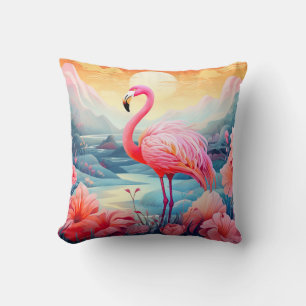 Tropical Flamingo with Flowers Throw Pillow