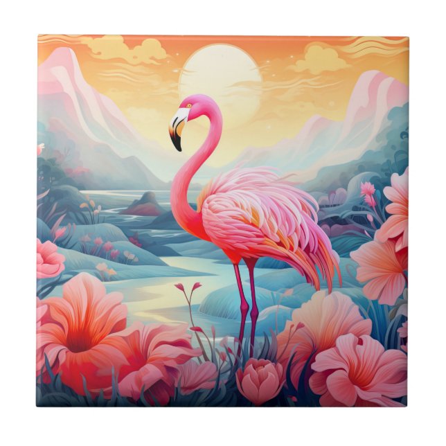Tropical Flamingo with Flowers Tile (Front)
