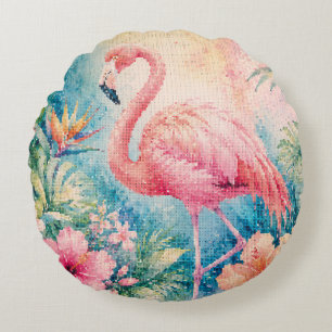 Tropical Flamingo with Hibiscus Flowers Round Pillow