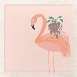 Tropical Flamingo with Potted Plant Hand Drawn   Glass Coaster