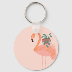 Tropical Flamingo with Potted Plant Hand Drawn Keychain