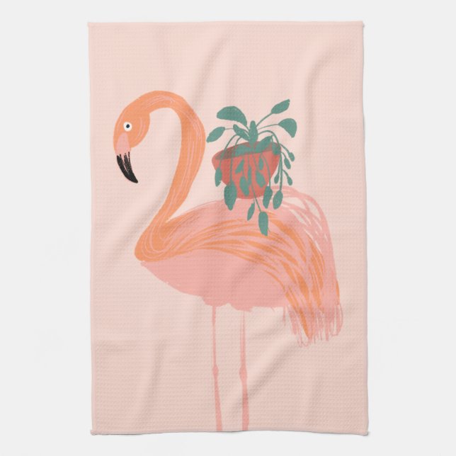 Tropical Flamingo with Potted Plant Hand Drawn    Kitchen Towel (Vertical)